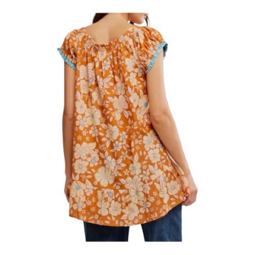 Free People Orange Floral Blouse with Blue Accents